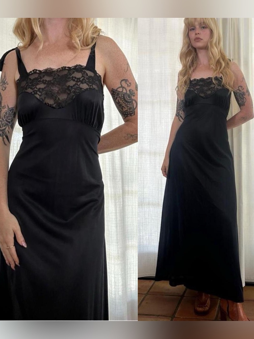 Vintage 70s black lace slip dress tie shoulders